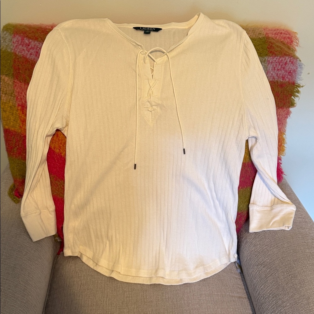 NWOT LAUREN Ralph Lauren Cream Ribbed Lace-Up Long Sleeve Top